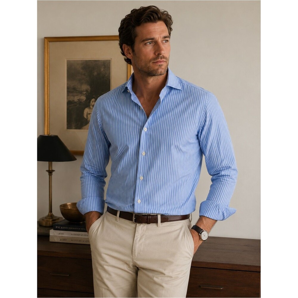Ledbury Fine Shirting Blue White Striped Dress Shirt Men’s XL 16.5 35 Cotton